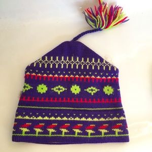Aardvark Hat Beanie Toque Purple Green 100% Wool Nordic Style Ski Vintage